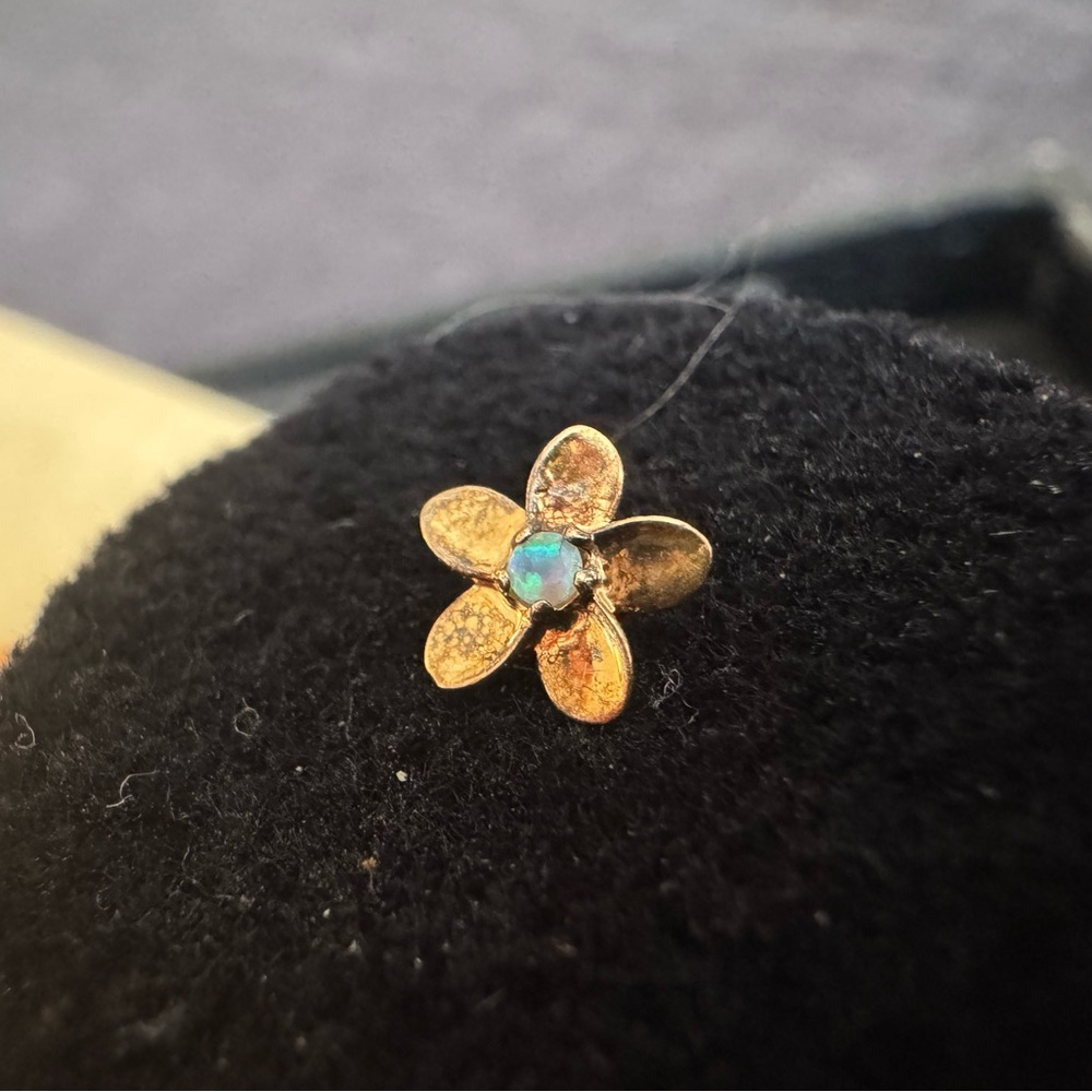 18k rose old Plumeria flower with white opal from Anatometal